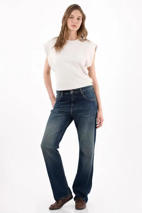 Jeans recto con lavado vintage en algodón azul para mujer