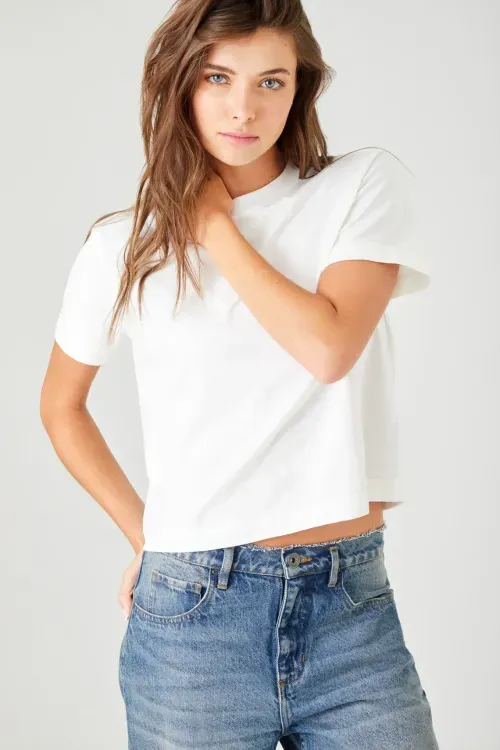 Camiseta relaxed fit con cuello redondo en algodón crudo para mujer